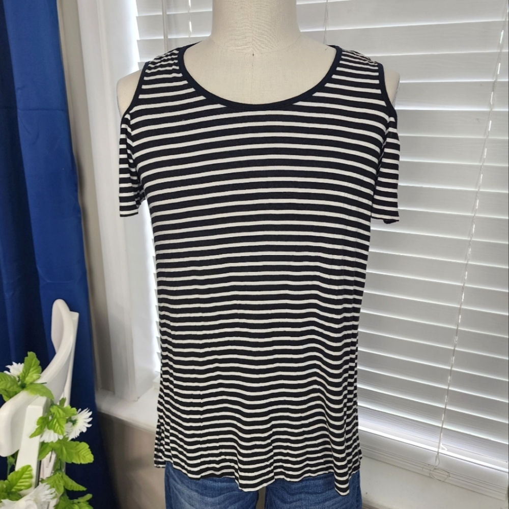 S Twelve Striped Shirt - Cold Shoulder Sz Large